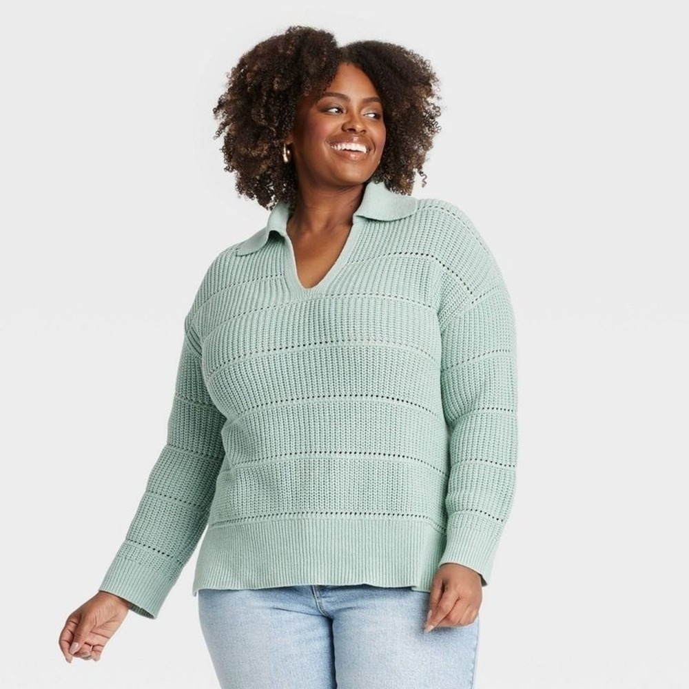 NWT Women's Side Slit Collared Pullover Sweater Green‎ Ava & Viv Cotton Blend 2X